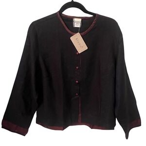 Kleen NWT 100% Linen Button Front Top. Black w/Burgundy Trim Womens Medium